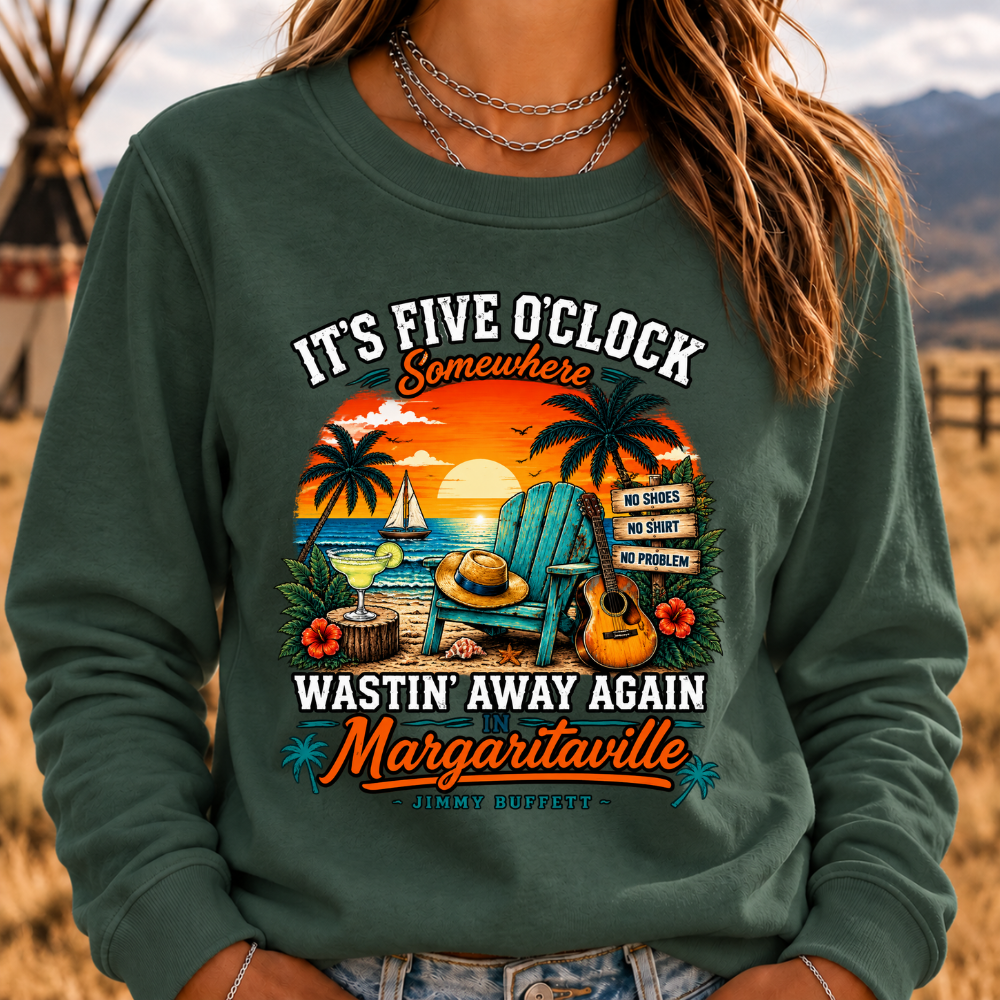 It's Five O'Clock Somewhere Wastin' Away Again In Margaritaville Parrot Guitar Sunset Beach No Shoes No Shirt No Problem Graphic Sweatshirts