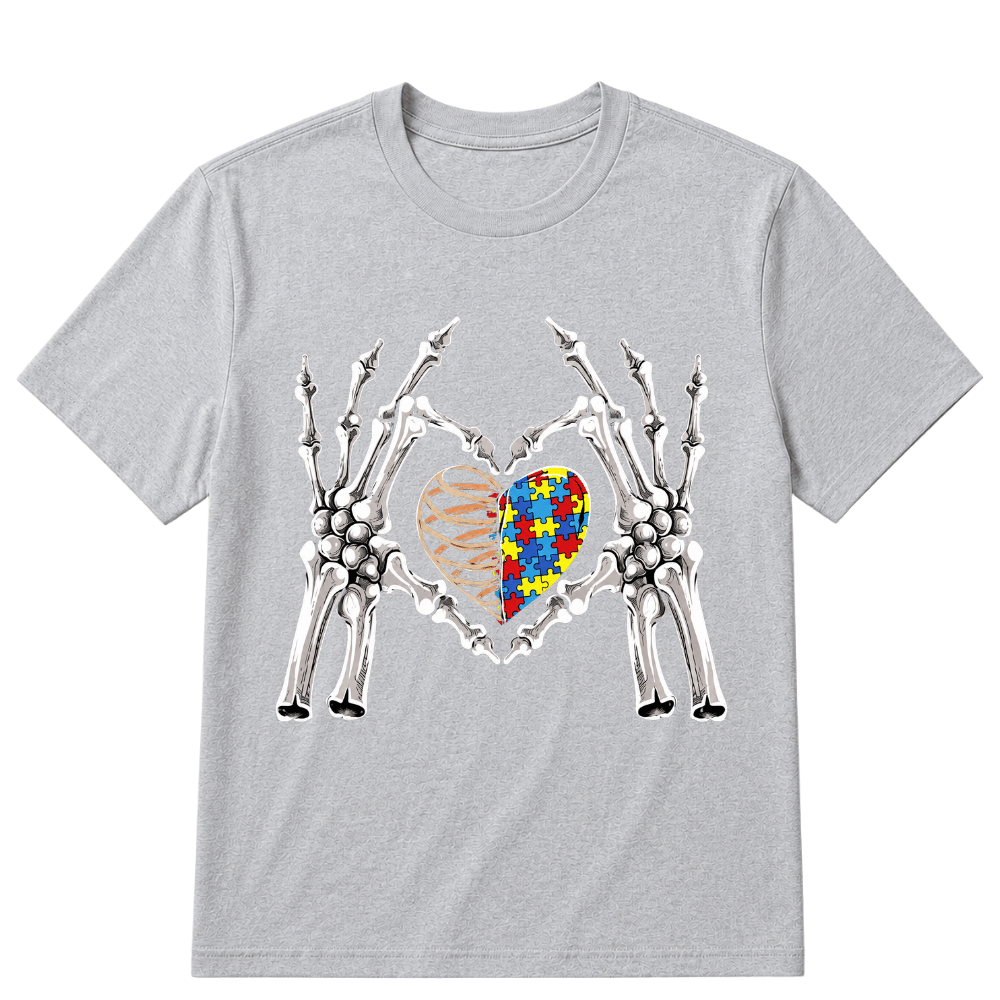 Autism Awareness Gothic Skull Hand Autism Puzzle Piece Heart Halloween T-Shirt