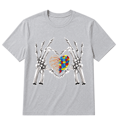 Autism Awareness Gothic Skull Hand Autism Puzzle Piece Heart Halloween T-Shirt