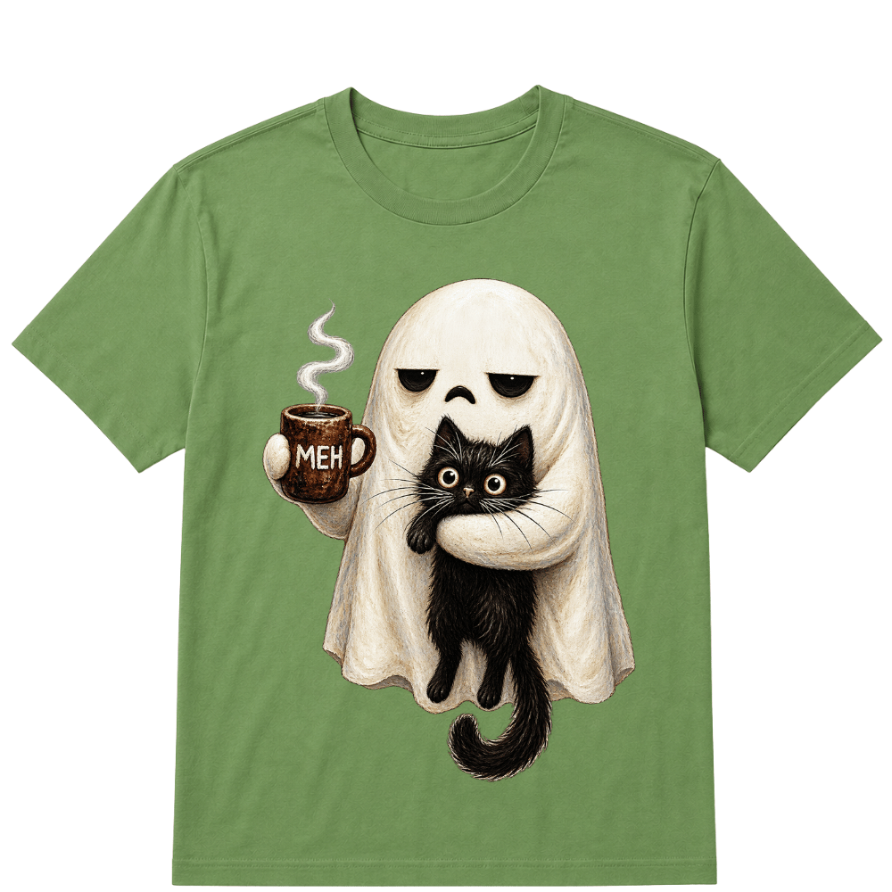 Ghost Cat Spooky Black Cat Funny Halloween Coffee Lover T Shirt