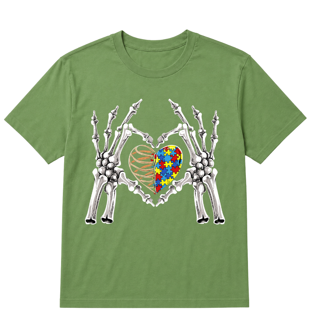 Autism Awareness Gothic Skull Hand Autism Puzzle Piece Heart Halloween T-Shirt