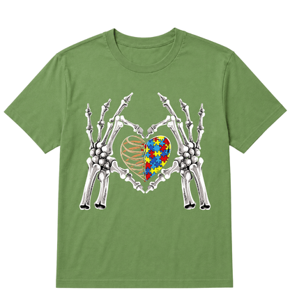 Autism Awareness Gothic Skull Hand Autism Puzzle Piece Heart Halloween T-Shirt