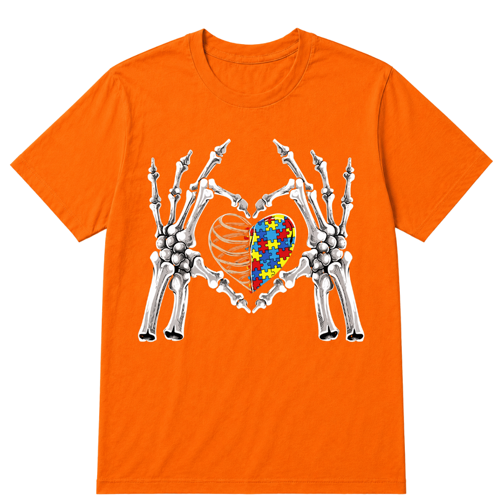 Autism Awareness Gothic Skull Hand Autism Puzzle Piece Heart Halloween T-Shirt