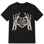 Autism Awareness Gothic Skull Hand Autism Puzzle Piece Heart Halloween T-Shirt