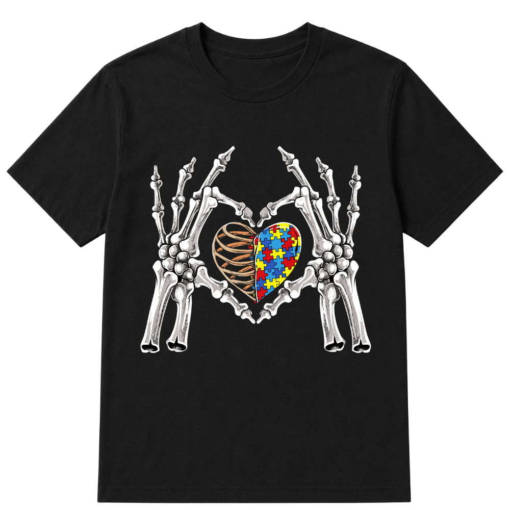 Autism Awareness Gothic Skull Hand Autism Puzzle Piece Heart Halloween T-Shirt