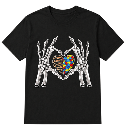 Autism Awareness Gothic Skull Hand Autism Puzzle Piece Heart Halloween T-Shirt