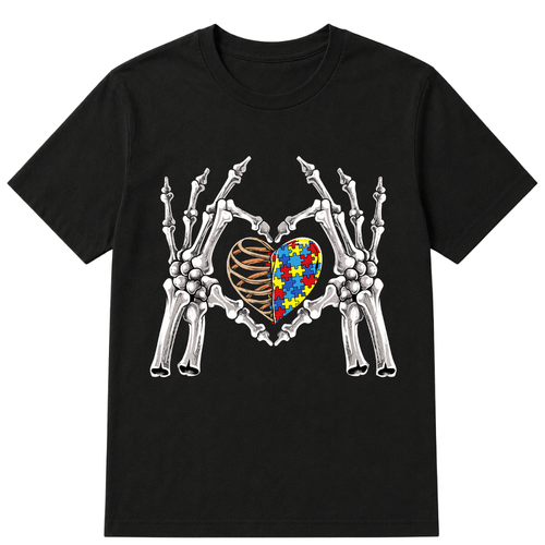 Autism Awareness Gothic Skull Hand Autism Puzzle Piece Heart Halloween T-Shirt