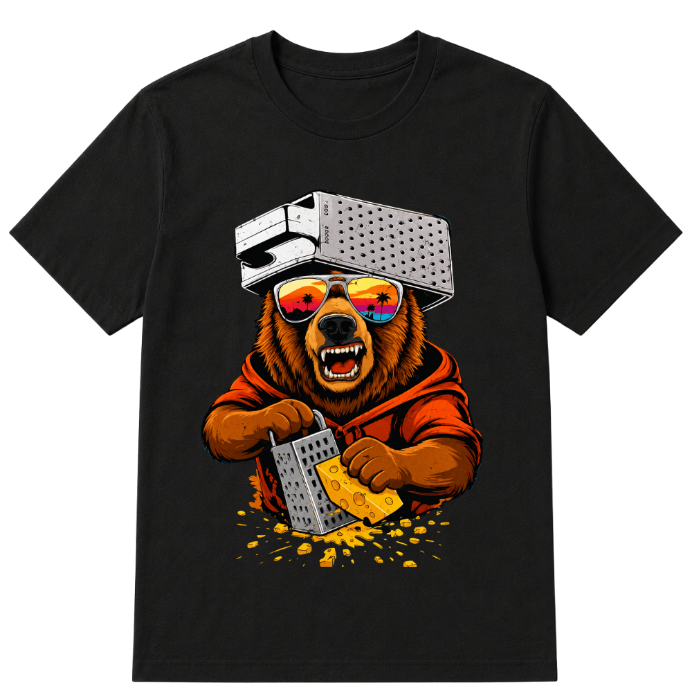 Retro Bear with Cheese Grater Hat and Sunglasses Vintage T Shirt