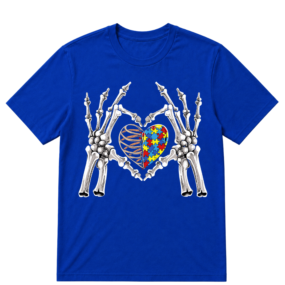 Autism Awareness Gothic Skull Hand Autism Puzzle Piece Heart Halloween T-Shirt