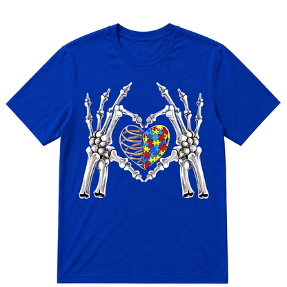 Autism Awareness Gothic Skull Hand Autism Puzzle Piece Heart Halloween T-Shirt