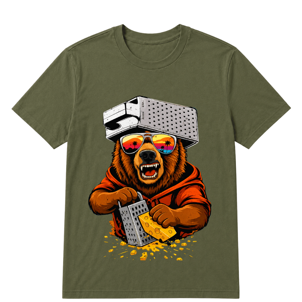 Retro Bear with Cheese Grater Hat and Sunglasses Vintage T Shirt