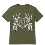 Autism Awareness Gothic Skull Hand Autism Puzzle Piece Heart Halloween T-Shirt
