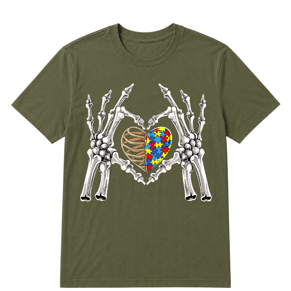 Autism Awareness Gothic Skull Hand Autism Puzzle Piece Heart Halloween T-Shirt