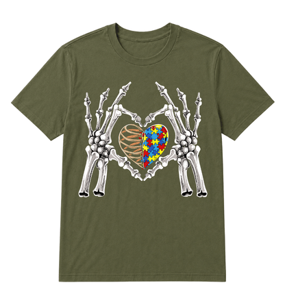 Autism Awareness Gothic Skull Hand Autism Puzzle Piece Heart Halloween T-Shirt