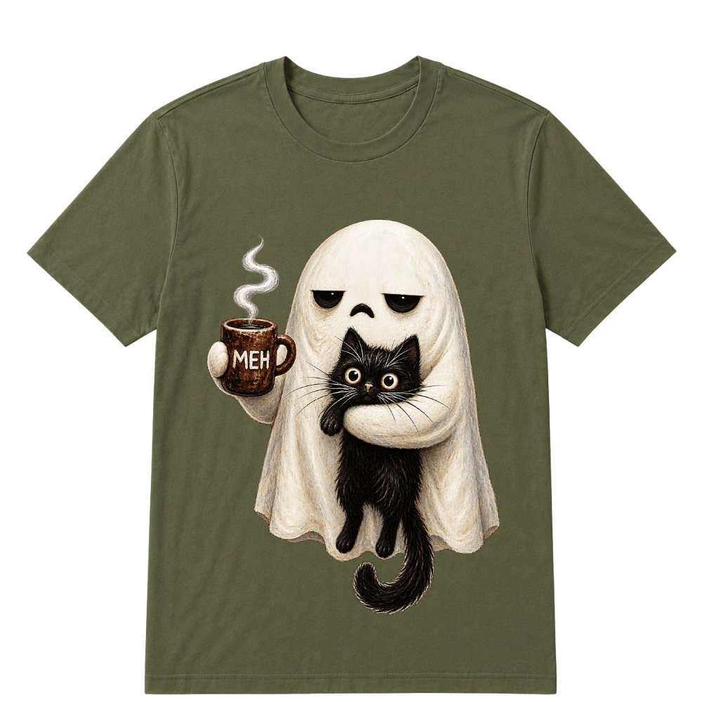 Ghost Cat Spooky Black Cat Funny Halloween Coffee Lover T Shirt