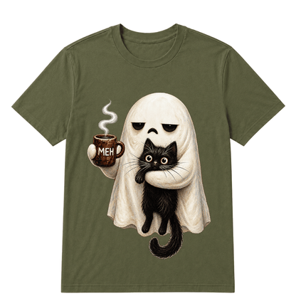 Ghost Cat Spooky Black Cat Funny Halloween Coffee Lover T Shirt