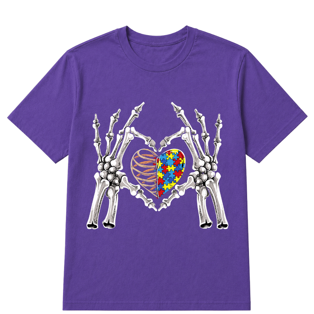 Autism Awareness Gothic Skull Hand Autism Puzzle Piece Heart Halloween T-Shirt