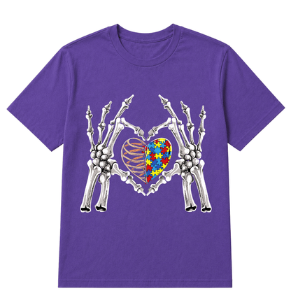 Autism Awareness Gothic Skull Hand Autism Puzzle Piece Heart Halloween T-Shirt