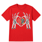 Autism Awareness Gothic Skull Hand Autism Puzzle Piece Heart Halloween T-Shirt