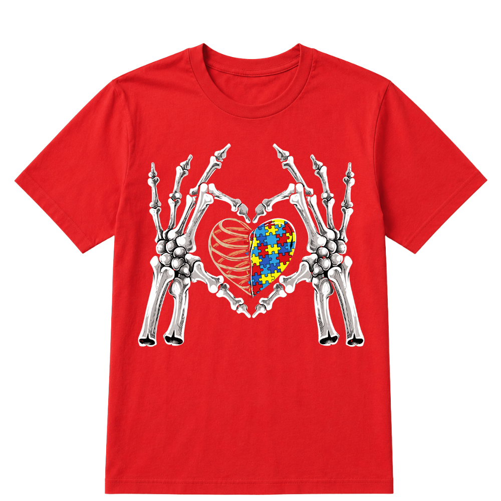 Autism Awareness Gothic Skull Hand Autism Puzzle Piece Heart Halloween T-Shirt
