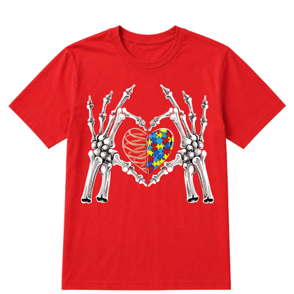 Autism Awareness Gothic Skull Hand Autism Puzzle Piece Heart Halloween T-Shirt