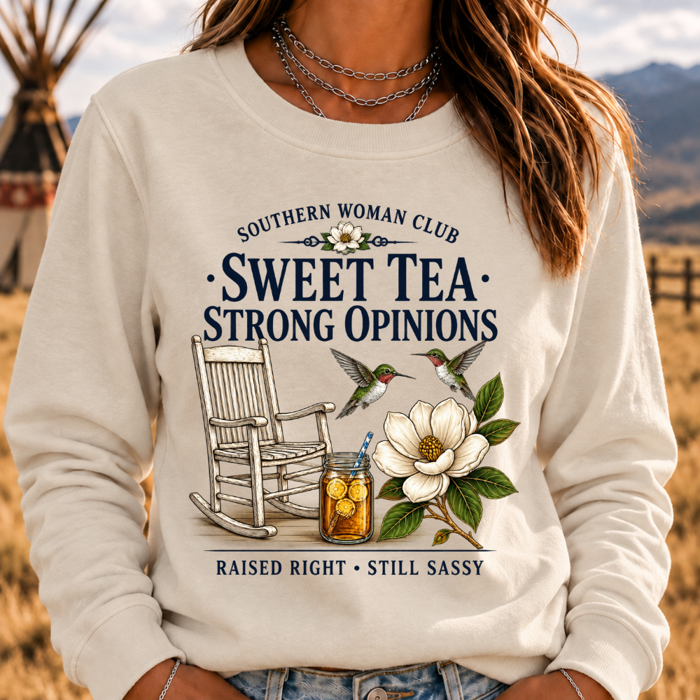 Southern Woman Club Sweet Tea Strong Opinions Vintage Magnolia Graphic For Southern Sweatshirts