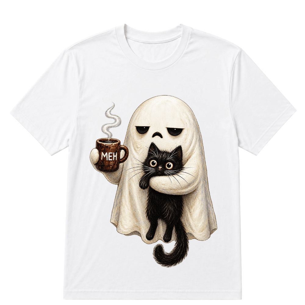 Ghost Cat Spooky Black Cat Funny Halloween Coffee Lover T Shirt