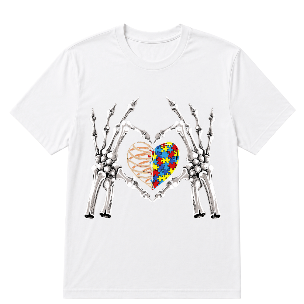 Autism Awareness Gothic Skull Hand Autism Puzzle Piece Heart Halloween T-Shirt