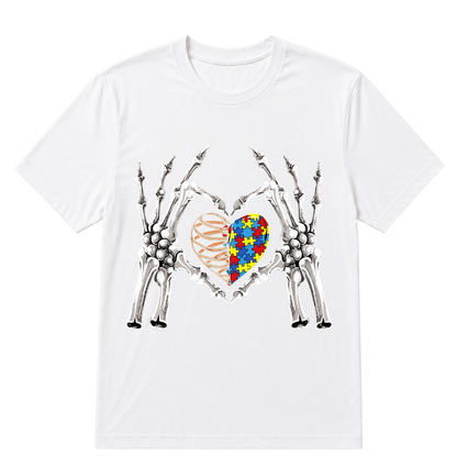 Autism Awareness Gothic Skull Hand Autism Puzzle Piece Heart Halloween T-Shirt
