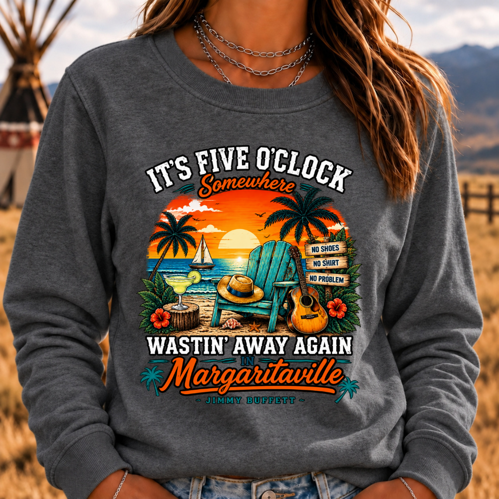It's Five O'Clock Somewhere Wastin' Away Again In Margaritaville Parrot Guitar Sunset Beach No Shoes No Shirt No Problem Graphic Sweatshirts