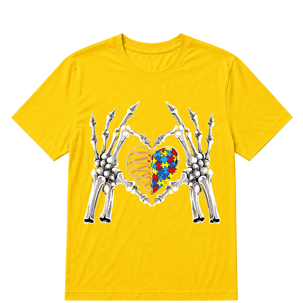 Autism Awareness Gothic Skull Hand Autism Puzzle Piece Heart Halloween T-Shirt