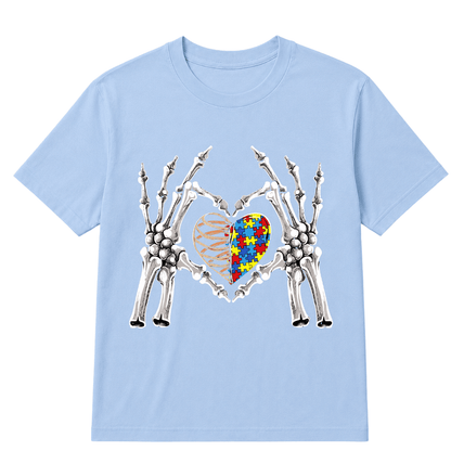 Autism Awareness Gothic Skull Hand Autism Puzzle Piece Heart Halloween T-Shirt