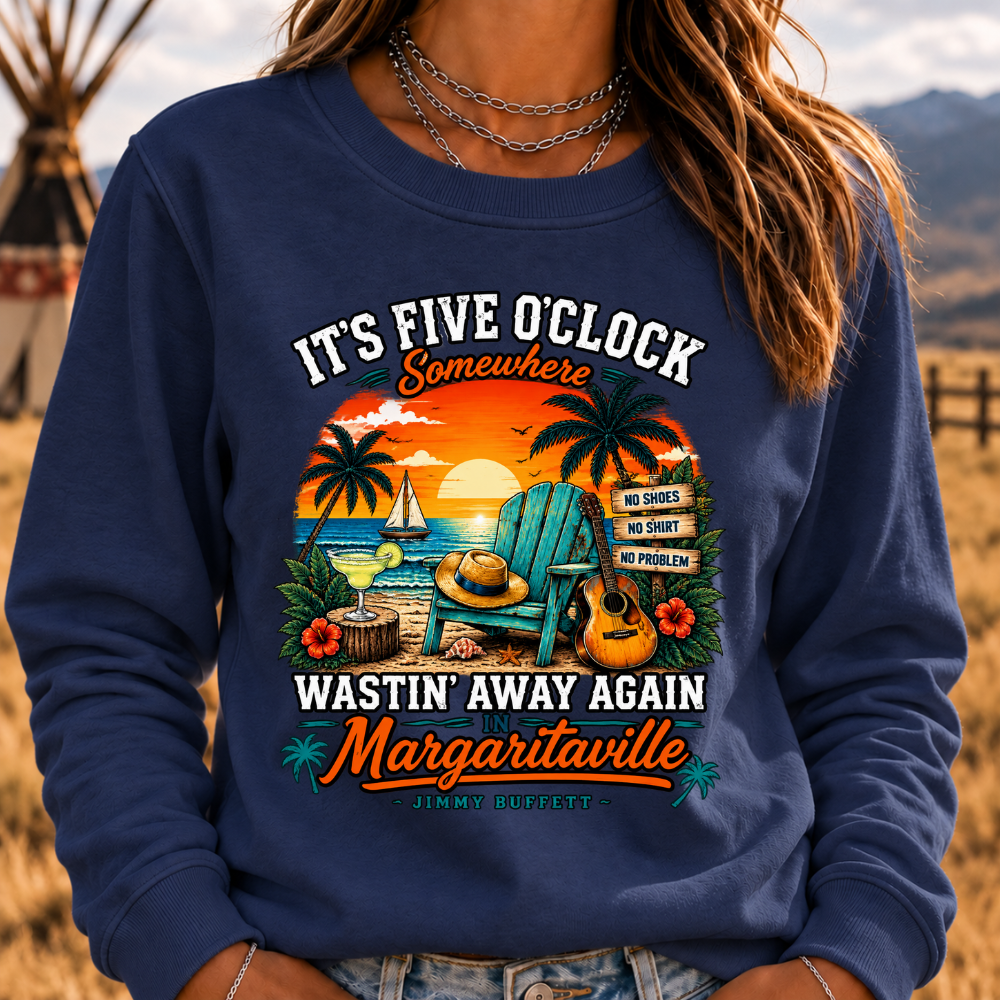 It's Five O'Clock Somewhere Wastin' Away Again In Margaritaville Parrot Guitar Sunset Beach No Shoes No Shirt No Problem Graphic Sweatshirts