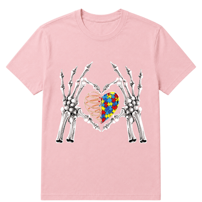 Autism Awareness Gothic Skull Hand Autism Puzzle Piece Heart Halloween T-Shirt