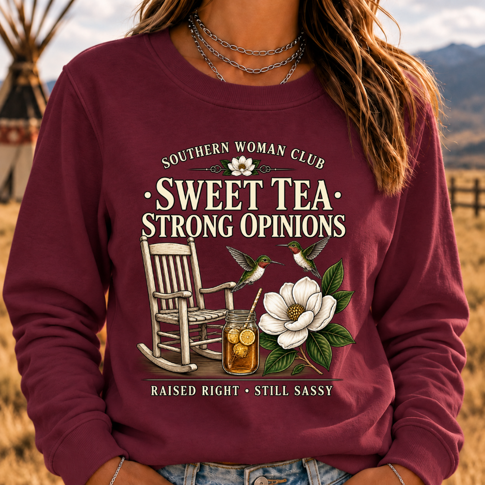 Southern Woman Club Sweet Tea Strong Opinions Vintage Magnolia Graphic For Southern Sweatshirts