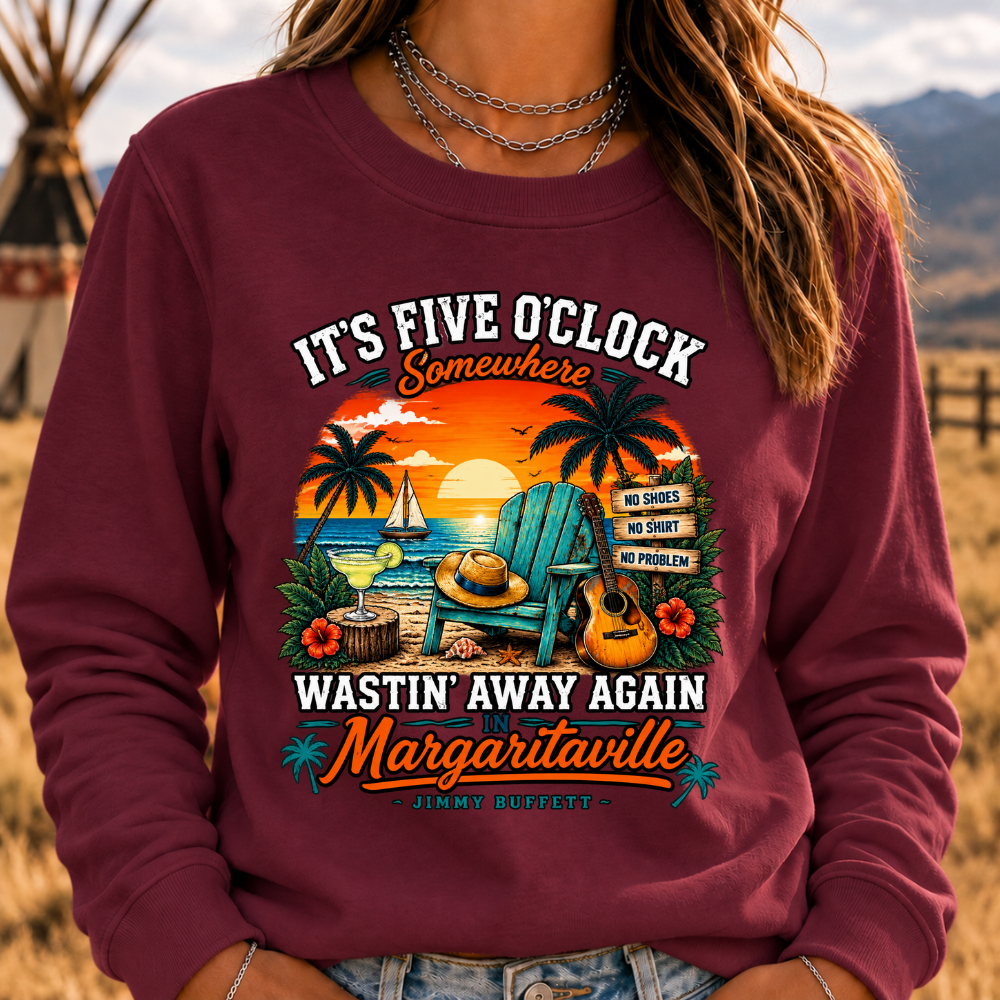 It's Five O'Clock Somewhere Wastin' Away Again In Margaritaville Parrot Guitar Sunset Beach No Shoes No Shirt No Problem Graphic Sweatshirts